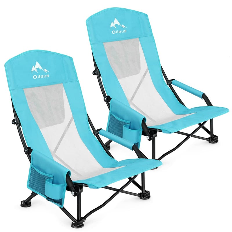 Oileus Folding Portable Beach Chair, High-Back Low-Seat Lightweight Chair for Beach Tents, Shelters, and Camping, Full Mesh Backrest | Cup Holder | Storage Bag | Carrying Bag | 2 Armrests - Image 1