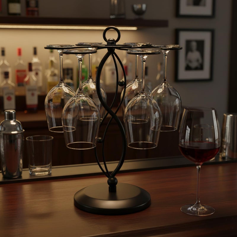 MyGift 6-Hook Rotating Wine Glass Rack with Sturdy Base & Scrollwork Design - Black Metal Countertop Stemware Holder | Rust-Resistant, Space-Saving Storage for Kitchen, Bar, Dining Table (13.75" H) - Image 5