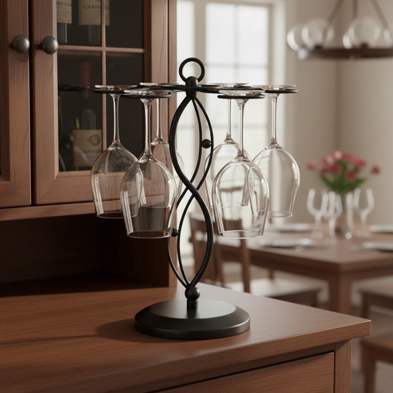 MyGift 6-Hook Rotating Wine Glass Rack with Sturdy Base & Scrollwork Design - Black Metal Countertop Stemware Holder | Rust-Resistant, Space-Saving Storage for Kitchen, Bar, Dining Table (13.75" H) - Image 4