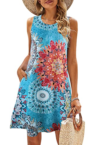 SimpleFun Boho Dress for Women Summer Casual Cotton Sleeveless Dresses Floral Print Sundress Bohemina Blue L - Image 1