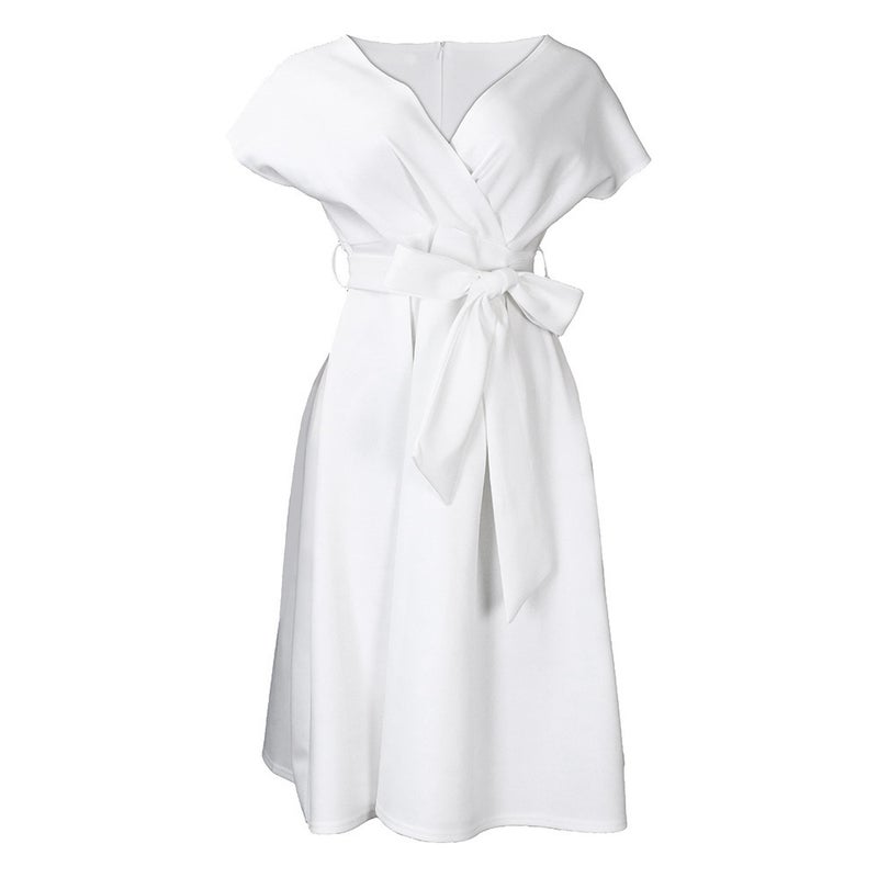 V-Neck Belted Plus Size Dress 2022 New Fashionable Workwear White  - Image 1
