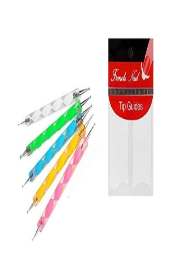 Gugzy Nail Art Dotting Pen Marbelizing Tool And 1 Pc French Manicure Nail Art Tip Sticker (5pc Dotting Tool + Tip Guide No. 5) - Image 1