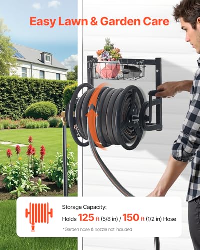 VEVOR Wall Mounted Garden Hose Reel Holds 125 ft 58inch Hose HeavyDuty Water Hose Winder SpaceSaving Design Outdoor Manual Reel with Brass Fitting and Storage Basket for Yard Lawn - Image 3