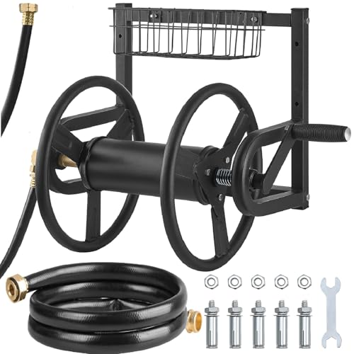 VEVOR Wall Mounted Garden Hose Reel Holds 125 ft 58inch Hose HeavyDuty Water Hose Winder SpaceSaving Design Outdoor Manual Reel with Brass Fitting and Storage Basket for Yard Lawn - Image 1