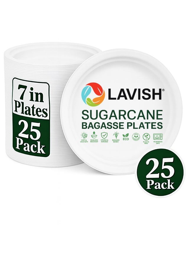 Lavish Sugarcane Bagasse Plates 7 Inch-25 Pack | Compostable, Biodegradable & BPA-Free Eco Tableware for Meals, Snacks & Salads - Image 1