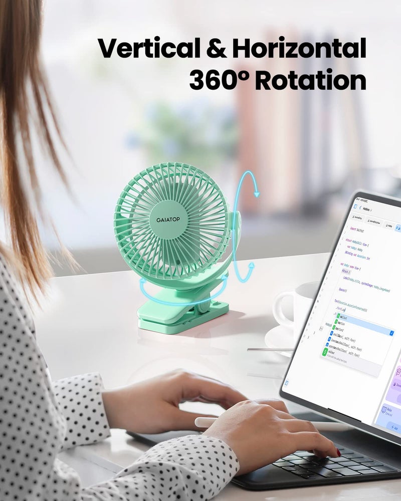 Gaiatop Portable Clip on Fan Battery Operated, Small Powerful USB Table Fan, 3 Speed Quiet Rechargeable Mini Desk Fan, 360° Rotate Personal Cooling Fan for Home Office Stroller Camping, Green - Image 2