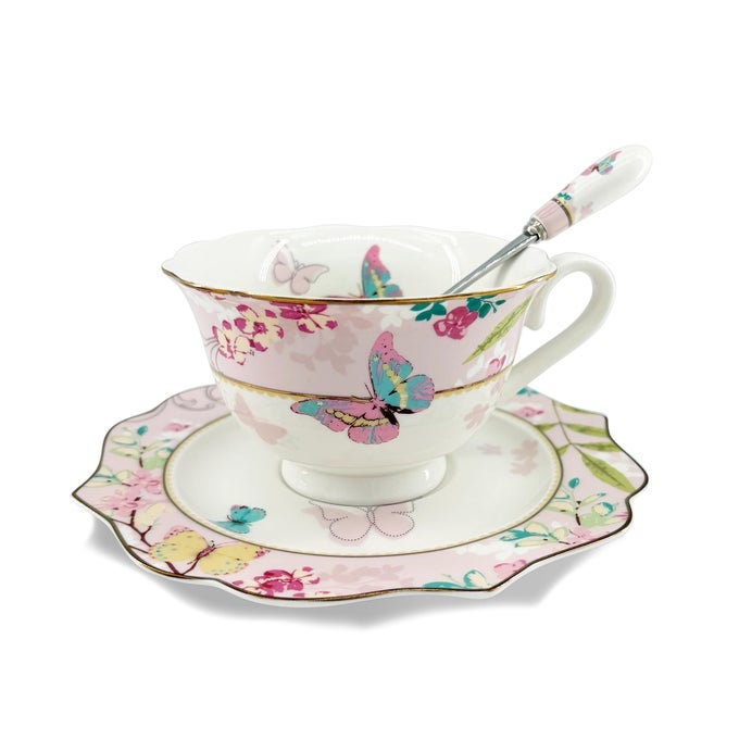 VINTAGE CERAMIC TEACUP ELEGANT COFFEE CUP WITH SPOON AND SAUCER SET ROYAL BONE CHINA TEA CUPS PINK
