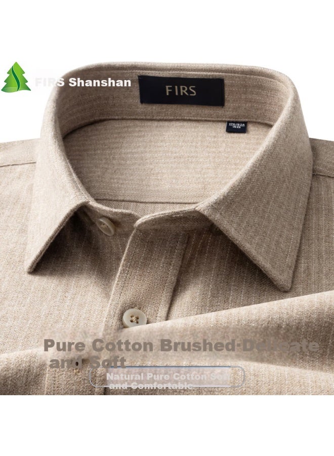 Firs Cotton Brushed Shirt For Men, Long Sleeve Spring New Casual Pure Cotton Shirt, Khaki, Size 44 - Image 1
