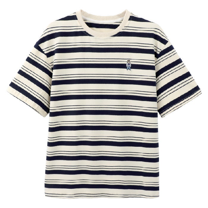 Z0113 # Ice Silk Bear Embroidered Stripesd T-Shirt Women'S Summer Korean Style Chic Loose Half-Sleeved Ins Trendy Short-Sleeved Top - Image 1