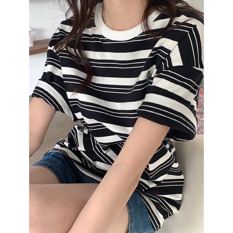 Z0113 # Ice Silk Bear Embroidered Stripesd T-Shirt Women'S Summer Korean Style Chic Loose Half-Sleeved Ins Trendy Short-Sleeved Top - Image 5