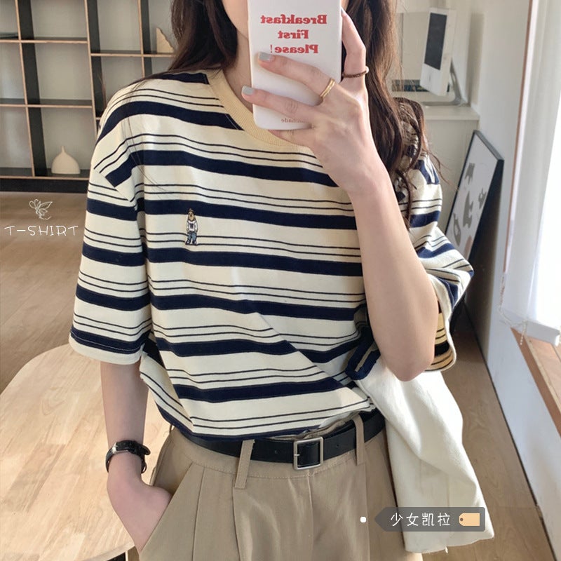 Z0113 # Ice Silk Bear Embroidered Stripesd T-Shirt Women'S Summer Korean Style Chic Loose Half-Sleeved Ins Trendy Short-Sleeved Top - Image 2