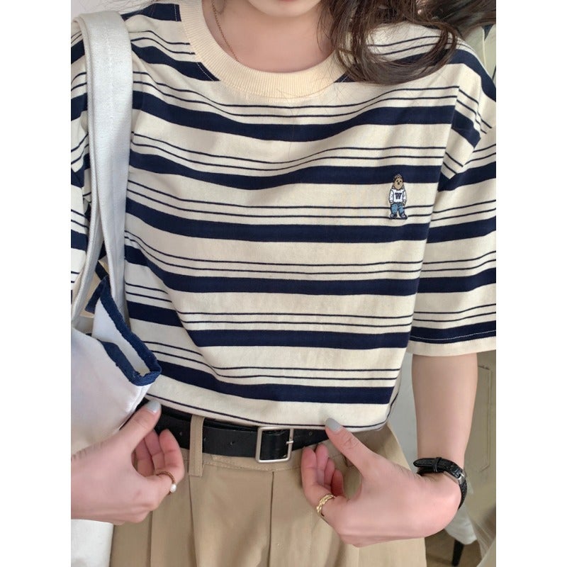 Z0113 # Ice Silk Bear Embroidered Stripesd T-Shirt Women'S Summer Korean Style Chic Loose Half-Sleeved Ins Trendy Short-Sleeved Top - Image 4