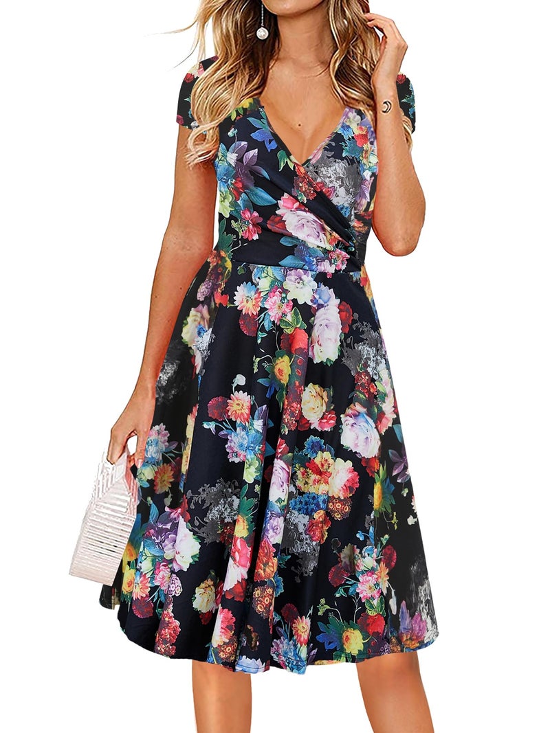 oxiuly Women's Vintage V-Neck Floral Casual Party Cocktail A-Line Dress OX233 (M, Black) - Image 1