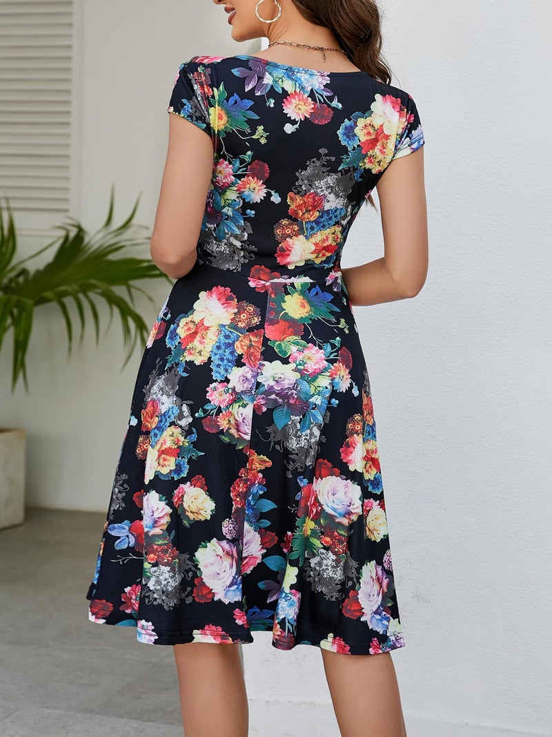 oxiuly Women's Vintage V-Neck Floral Casual Party Cocktail A-Line Dress OX233 (M, Black) - Image 4