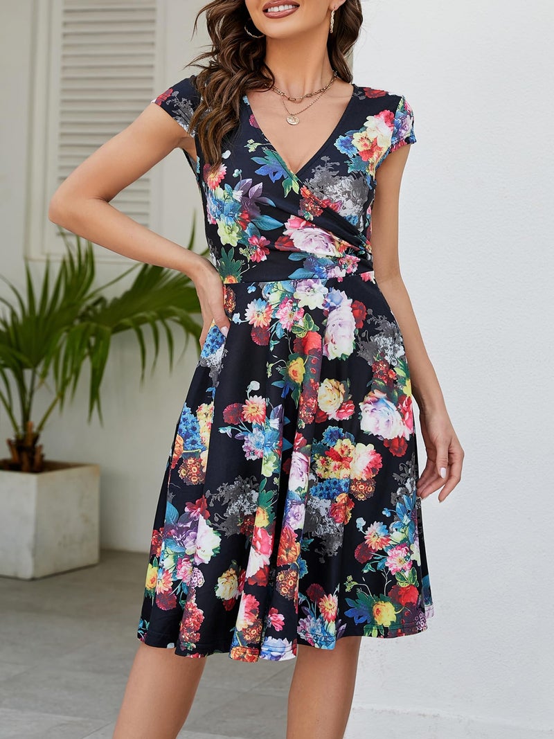 oxiuly Women's Vintage V-Neck Floral Casual Party Cocktail A-Line Dress OX233 (M, Black) - Image 2