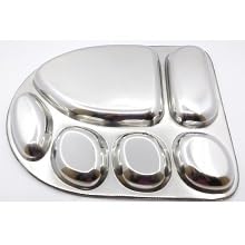 Click Charm Stainless Steel Dinner Plate Thali with Multi Shape Compartments Silver 6 in 1 Banana Leaf Shape Tray Plate Bhojan Divided PlatePartition Thali Set of 1 - Image 2