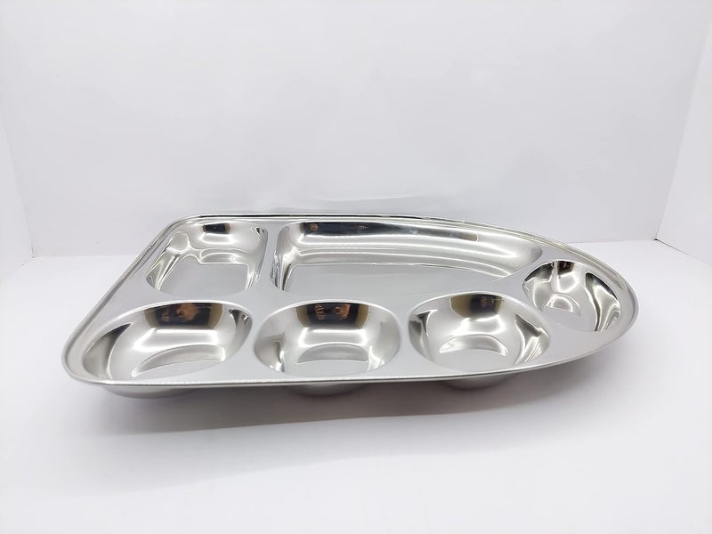 Click Charm Stainless Steel Dinner Plate Thali with Multi Shape Compartments Silver 6 in 1 Banana Leaf Shape Tray Plate Bhojan Divided PlatePartition Thali Set of 1 - Image 3