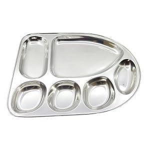 Click Charm Stainless Steel Dinner Plate Thali with Multi Shape Compartments Silver 6 in 1 Banana Leaf Shape Tray Plate Bhojan Divided PlatePartition Thali Set of 1 - Image 1