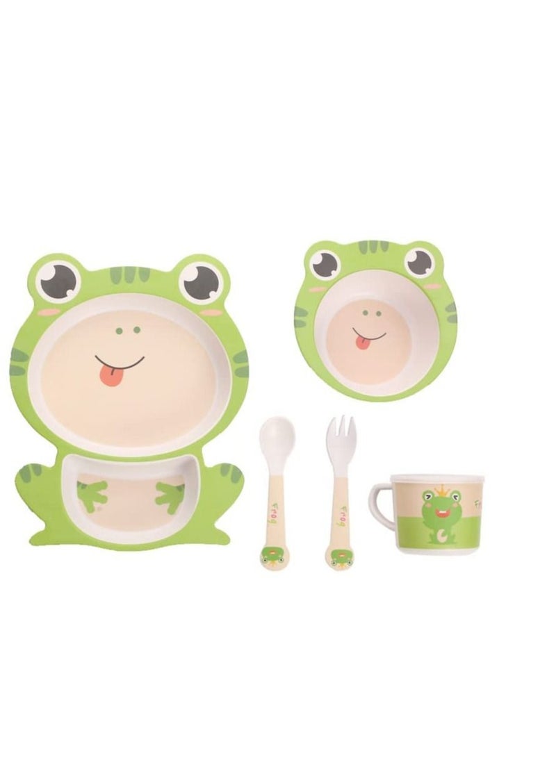 شو وو 5Pcs Set Kids Dinnerware Children Dishes Food Plate Bowl Cup Spoon Fork Natural Bamboo Fiber Dishware BPA Free Dishwasher Safe - Image 1