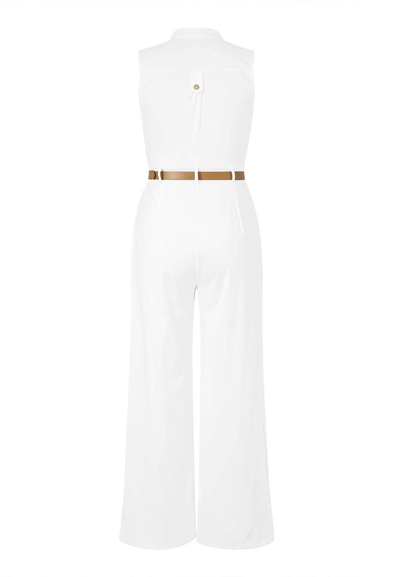 Pink Queen Womens Jumpsuits White Summer Wide Leg Jumpsuits Rompers with Belt, White ,X-Large - Image 4