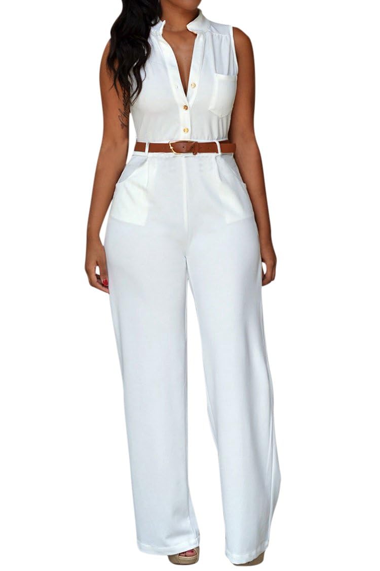 Pink Queen Womens Jumpsuits White Summer Wide Leg Jumpsuits Rompers with Belt, White ,X-Large - Image 1