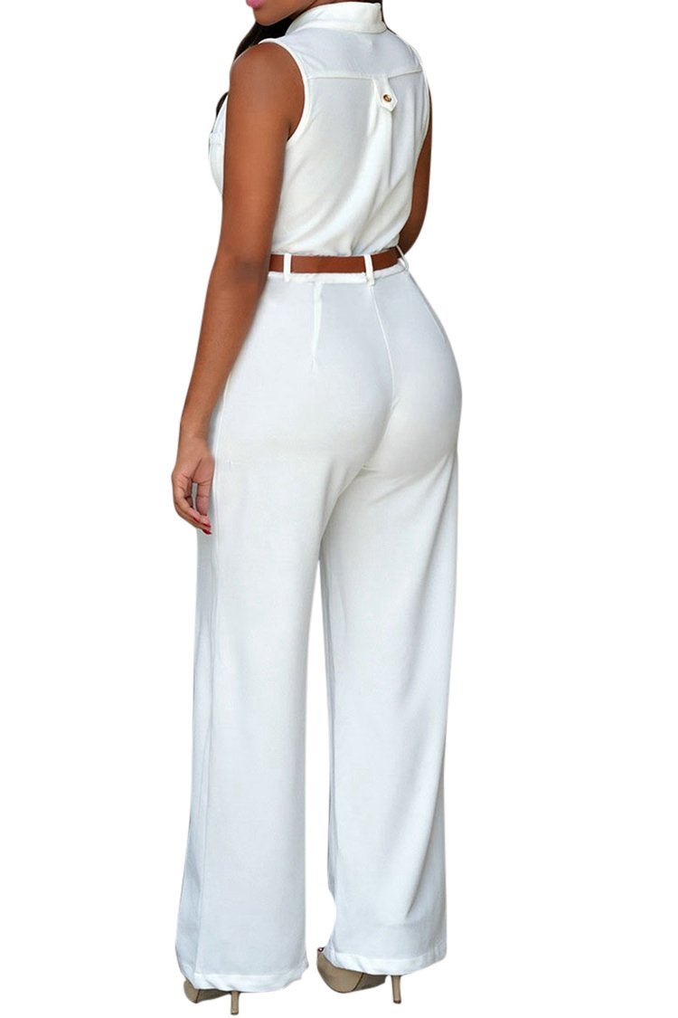 Pink Queen Womens Jumpsuits White Summer Wide Leg Jumpsuits Rompers with Belt, White ,X-Large - Image 2