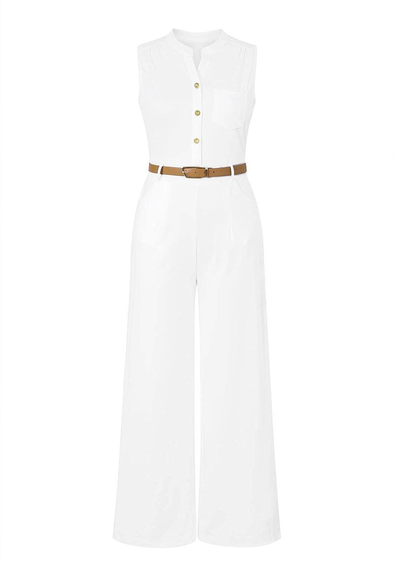Pink Queen Womens Jumpsuits White Summer Wide Leg Jumpsuits Rompers with Belt, White ,X-Large - Image 3