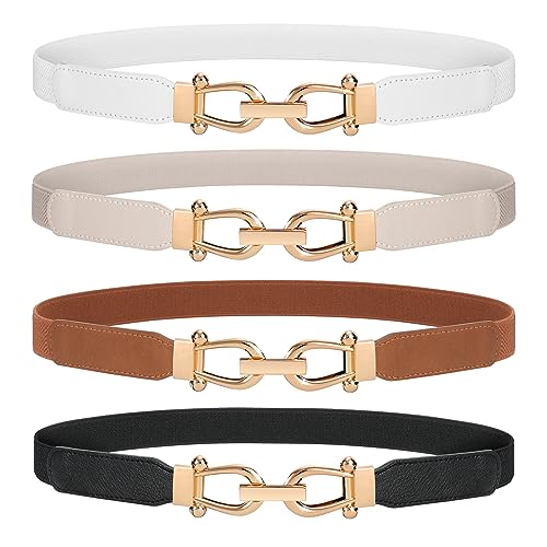 WERFORU Women Skinny Belt for Dresses Retro Stretch Waist Belt with Gold Buckle Set of 4,Black+Brown+White+Beige - Image 1