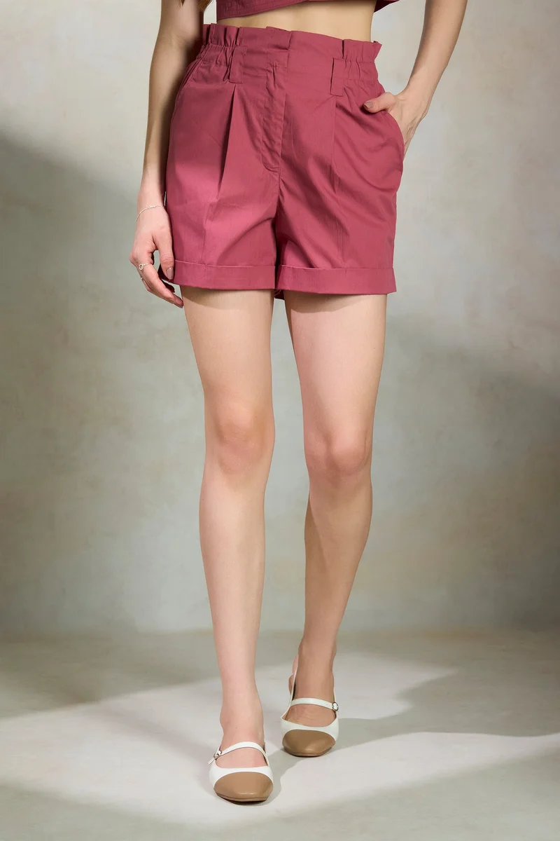 فيرجيو Solid Cotton Paperbag High Waist Shorts for Women