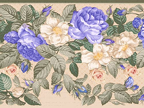 Dundee Deco Wallpaper Border Peel and Stick DDAZBD9130 Floral Violet Green Flowers and Leaves Wall Border Retro Design 15 ft x 7 in 457m x 1778cm Self Adhesive - Image 1