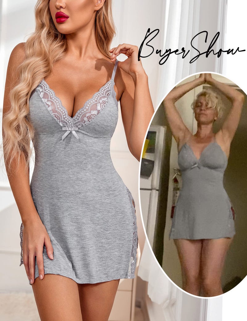 Avidlove Womens Sleepwear Sexy Night Gowns Women Sexy Chemise Nightgowns Cotton Nightie M Grey - Image 2