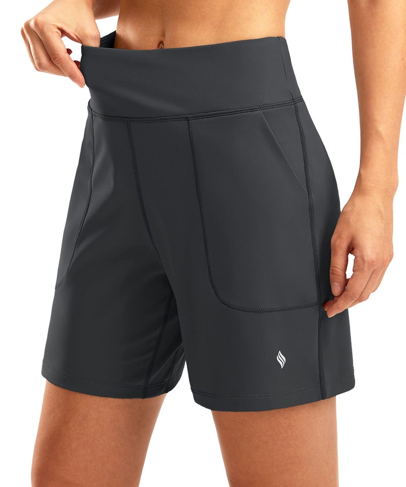 SANTINY Women's 6'' Athletic Long Shorts with 4 Pockets High Waisted Bermuda Shorts for Women Walking Running Casual (Dark Grey_M) - Image 1