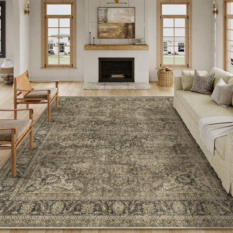 WondRg 9x12 Brown Area Rug Vintage Living Room Bedroom Washable Carpet Non-Slip Soft Low Pile Distressed Indoor Large Throw Rug for Dining Room Office - Image 5