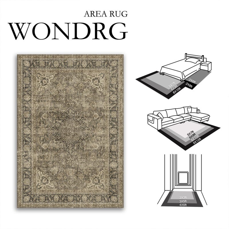 WondRg 9x12 Brown Area Rug Vintage Living Room Bedroom Washable Carpet Non-Slip Soft Low Pile Distressed Indoor Large Throw Rug for Dining Room Office - Image 2
