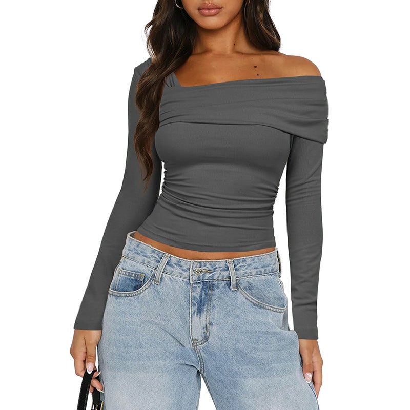 Autumn Solid Color Off-Shoulder Pleated Top Tee Women Brown - Image 2