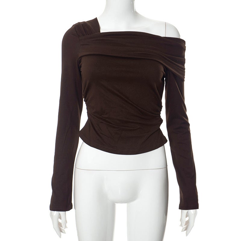 Autumn Solid Color Off-Shoulder Pleated Top Tee Women Brown - Image 1