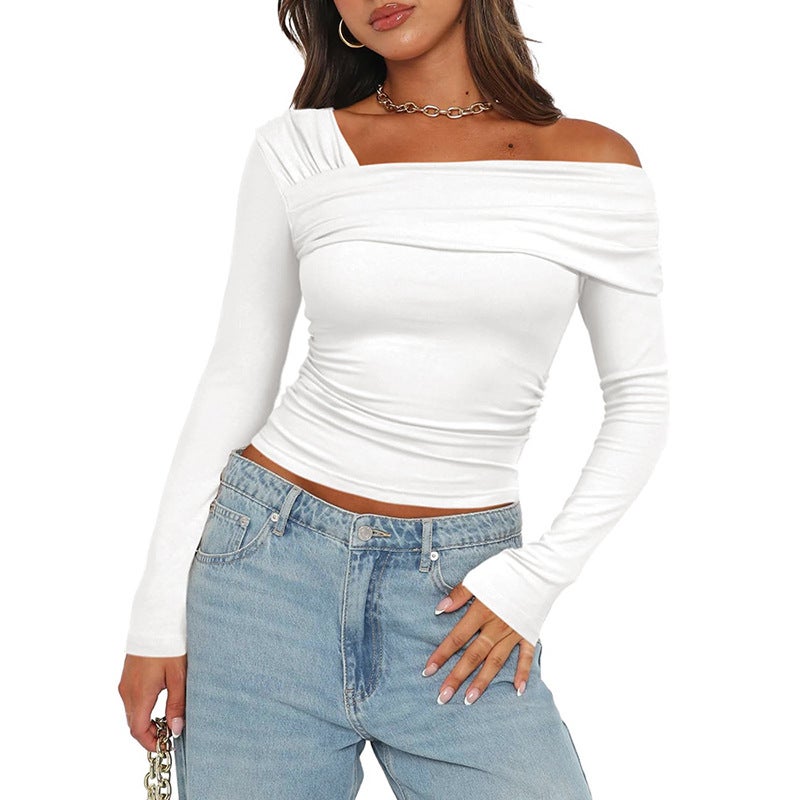 Autumn Solid Color Off-Shoulder Pleated Top Tee Women Brown - Image 5