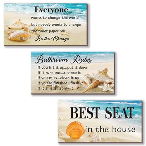 ZINYAZHE 3-Piece Bathroom Rules Wall Art - Funny Ocean Beach Rules Signs - Best Seat in The House - Toilet Wall Decor (10x5 inch) - Image 1