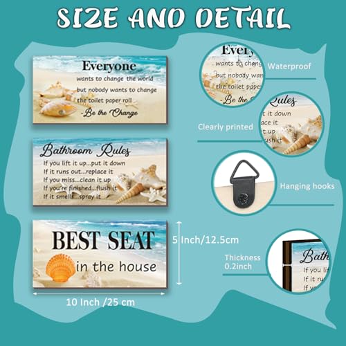 ZINYAZHE 3-Piece Bathroom Rules Wall Art - Funny Ocean Beach Rules Signs - Best Seat in The House - Toilet Wall Decor (10x5 inch) - Image 3