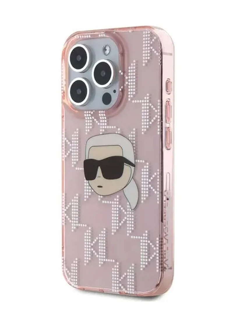 Karl Lagerfeld IML Hard Case with Electroplated Karl Head & Monogram Design for iPhone 16 Pro Max / Drop protection / Slim Profile / Easy Snap-On / Comfortable Grip-Pink