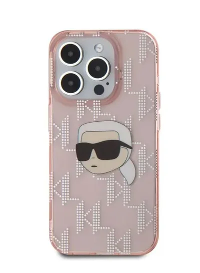 Karl Lagerfeld IML Hard Case with Electroplated Karl Head & Monogram Design for iPhone 16 Pro Max / Drop protection / Slim Profile / Easy Snap-On / Comfortable Grip-Pink