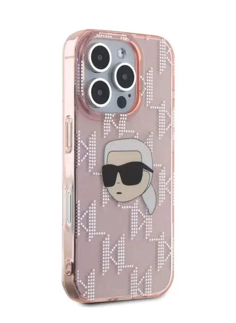 Karl Lagerfeld IML Hard Case with Electroplated Karl Head & Monogram Design for iPhone 16 Pro Max / Drop protection / Slim Profile / Easy Snap-On / Comfortable Grip-Pink