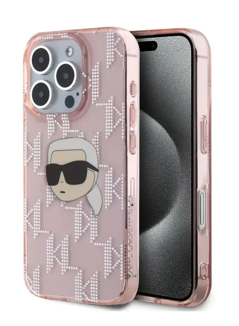 Karl Lagerfeld IML Hard Case with Electroplated Karl Head & Monogram Design for iPhone 16 Pro Max / Drop protection / Slim Profile / Easy Snap-On / Comfortable Grip-Pink
