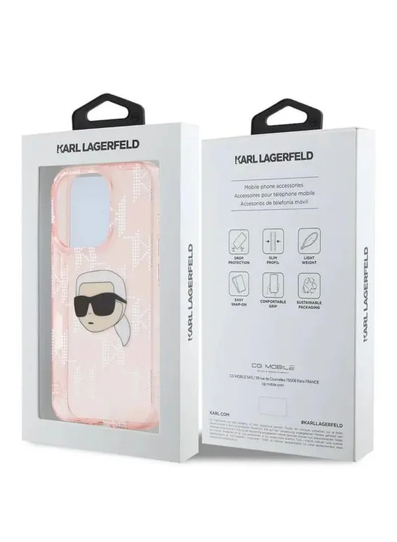 Karl Lagerfeld IML Hard Case with Electroplated Karl Head & Monogram Design for iPhone 16 Pro Max / Drop protection / Slim Profile / Easy Snap-On / Comfortable Grip-Pink