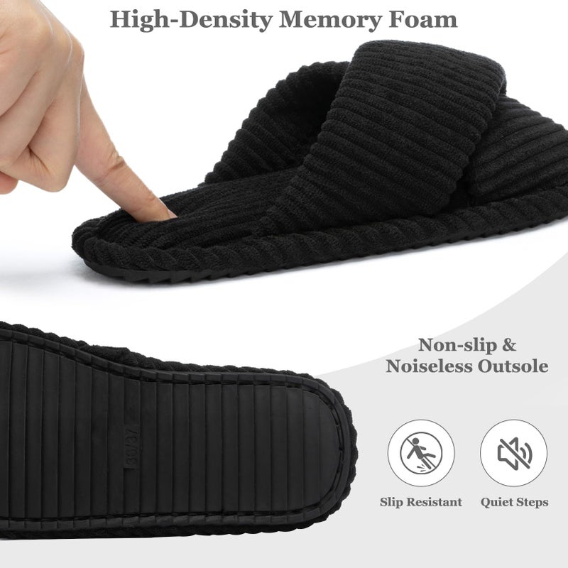 GOEWY House Slippers for Women Fuzzy Womens Slippers Indoor Outdoor Open Toe With Cross Band Corduroy Memory Foam Warm Gifts for Woman Size 9 10 Black - Image 5