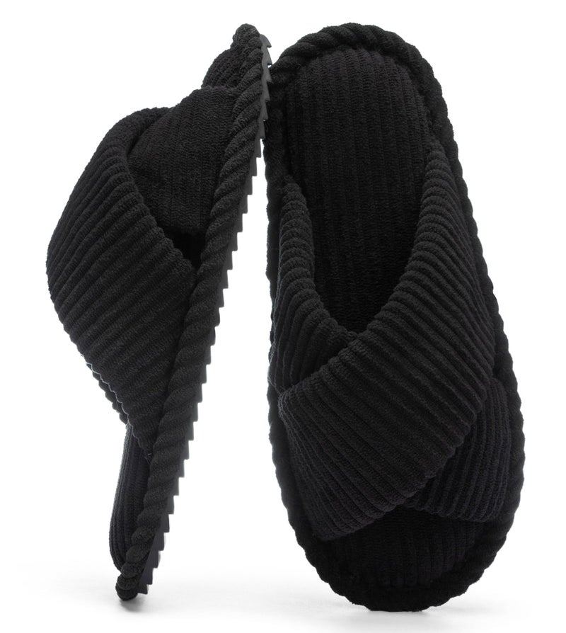 GOEWY House Slippers for Women Fuzzy Womens Slippers Indoor Outdoor Open Toe With Cross Band Corduroy Memory Foam Warm Gifts for Woman Size 9 10 Black - Image 1