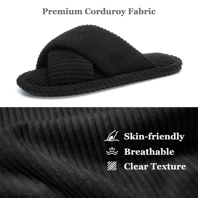 GOEWY House Slippers for Women Fuzzy Womens Slippers Indoor Outdoor Open Toe With Cross Band Corduroy Memory Foam Warm Gifts for Woman Size 9 10 Black - Image 4