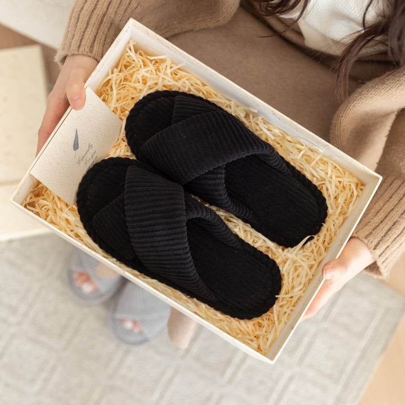 GOEWY House Slippers for Women Fuzzy Womens Slippers Indoor Outdoor Open Toe With Cross Band Corduroy Memory Foam Warm Gifts for Woman Size 9 10 Black - Image 3