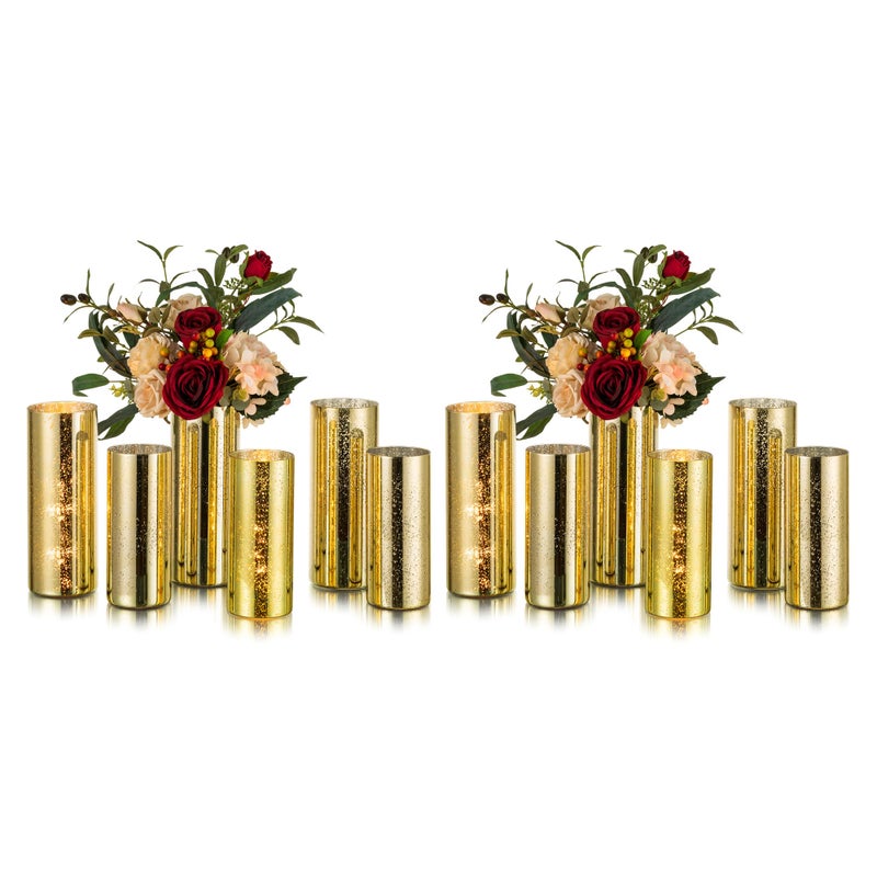 Glasseam Glass Cylinder Gold Candle Holder Set of 12 Hurricane Candle Holders for Pillar Candles Modern Mercury Floating Candle Holders for Table Centerpiece Wedding Living Room Home Decor