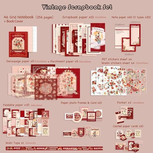 The AutoStory Floral Scrapbook Kit Premium A6 Junk Journal Flower Stickers Art Paper Washi Tape DIY Craft Diary Planner Decor Accessory Set Kids Gift for Teens Girls (The Words of The Rose, Red) - Image 2